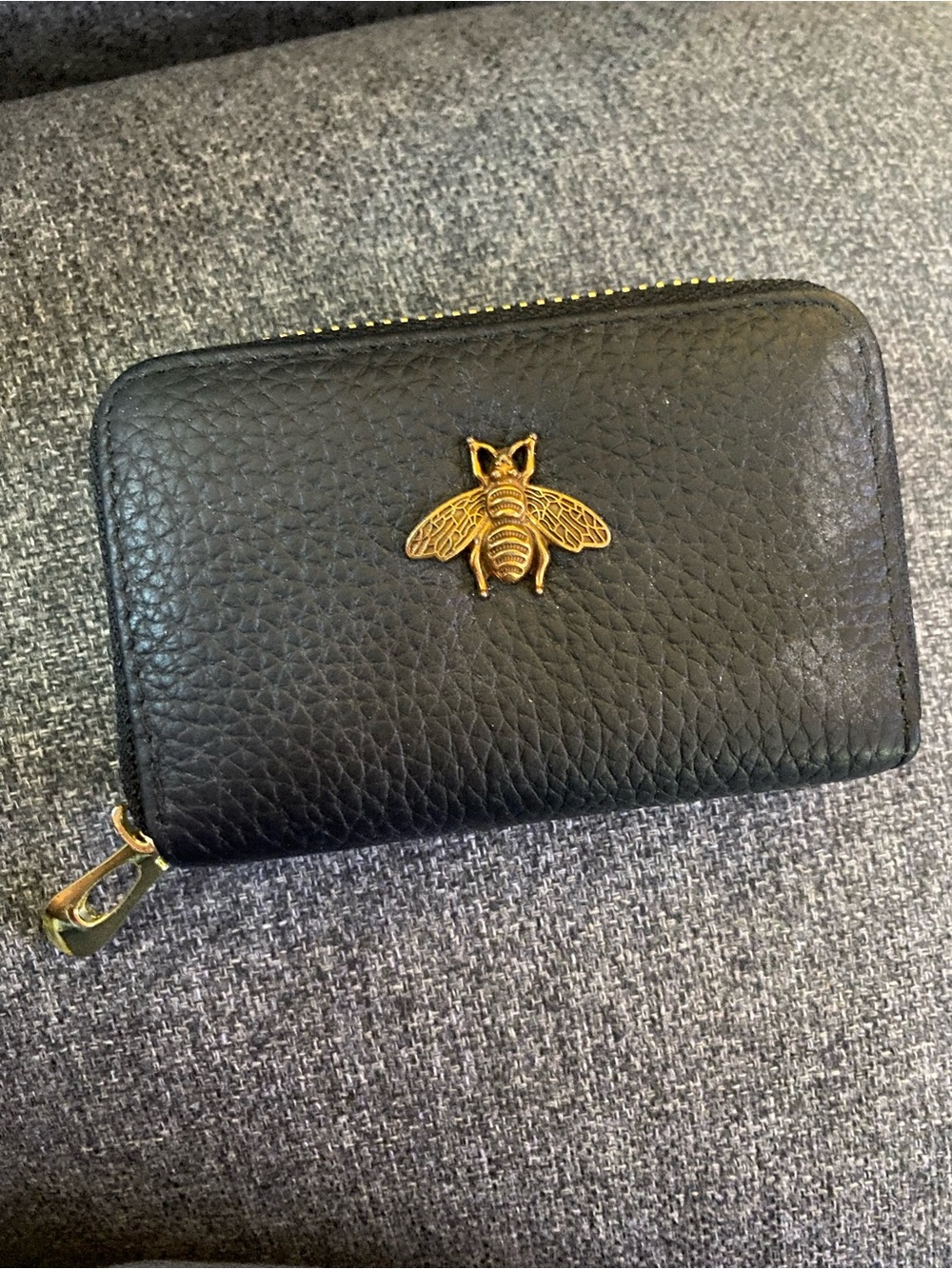 Black Zip Wallet with Gold Bee Accent